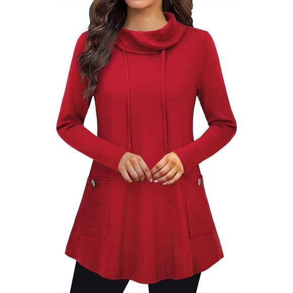 Tops - Womens Sweater Cotton Polyester Spandex Winter Casual Tunic with Pockets